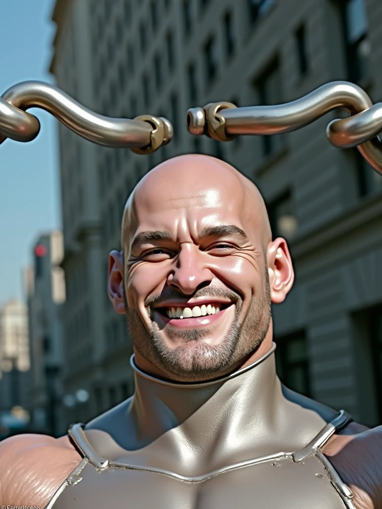 Steel-skinned superhero bending bars