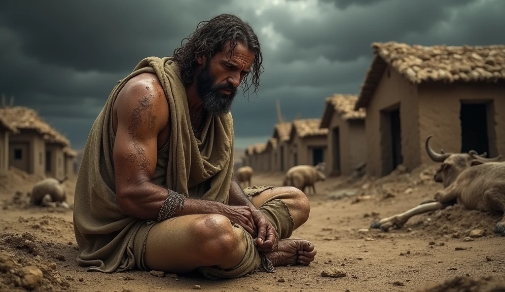 "Create a dramatic scene of Job from the Bible during his time of suffering. Job is depicted sitting on the ground in despair, covered in sores, with torn, ragged clothes. The background shows a desolate landscape with destroyed homes and dead livestock. The sky is dark and stormy, reflecting the somber mood. Job's expression should convey deep sorrow and anguish, symbolizing his faith being tested."