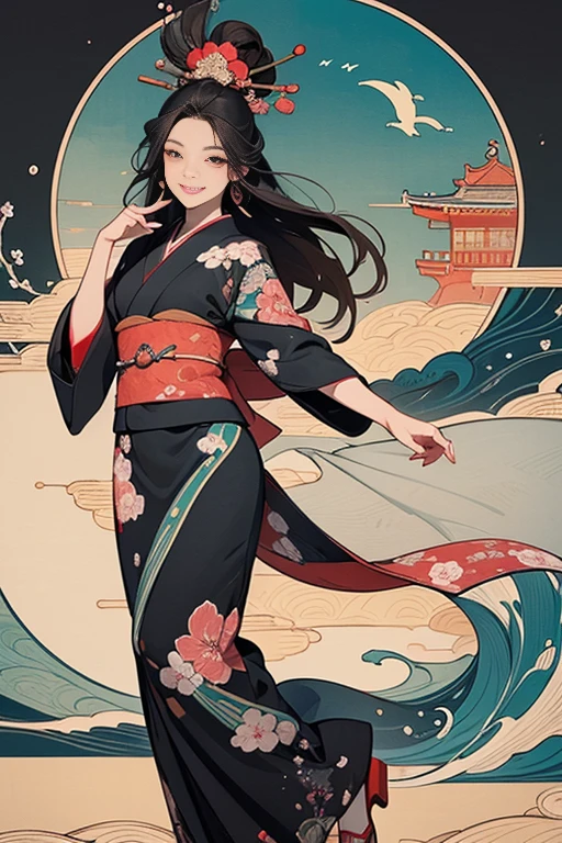 A beautiful woman smiles and shows her upper white teeth、Vividly colored Japanese Ukiyo-e style illustrations、(SeaArt creates stunning illustrations of beautiful women in kimono)、Brown-black long hair、Beautiful full body style、Let&#39;s dance a little Tokyo Ondo Yoiyoi、Beautiful digital painting,、Bright vibrant digital anime art、 Detailed digital anime art、 Beautiful anime portraits、background、Torii gate of a shrine in Kyoto, Japan、Detailed CG、