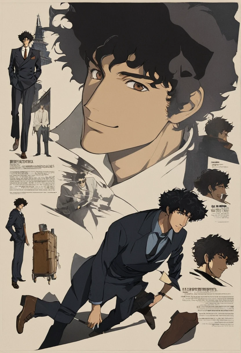 Anime style posters,A man walks around smoking a cigarette against a white background.One man Spike Spiegel,brown eyes, smile,black hair,1boy,Navy blue suit, brown leather shoes,Draw half of the man's body in black shadow.The man has a cool face,Many shadows of men are left in the path of the man,Full-body view, Side shot,