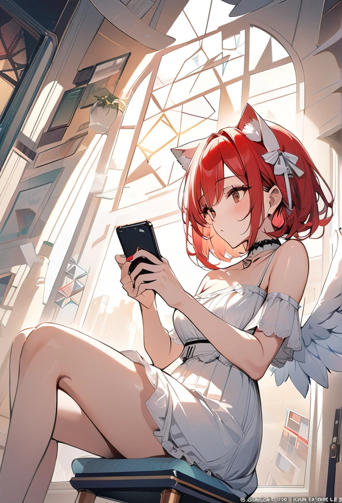 ,playing mobile game々)vtuber, cool beauty, sunflower shaped choker, (masterpiece, highest quality), official art, beautiful and aesthetic: 1.2), (1 girl), very detailed, (geometry art: 1.3), red colorful、red short bob hair、cat ear、 whole body, angel wings, white ta, playing mobile game,