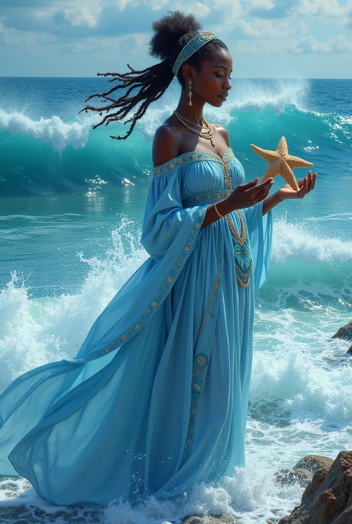 Black female Orisha in light blue dress with a starfish in her hands amidst the ocean waves