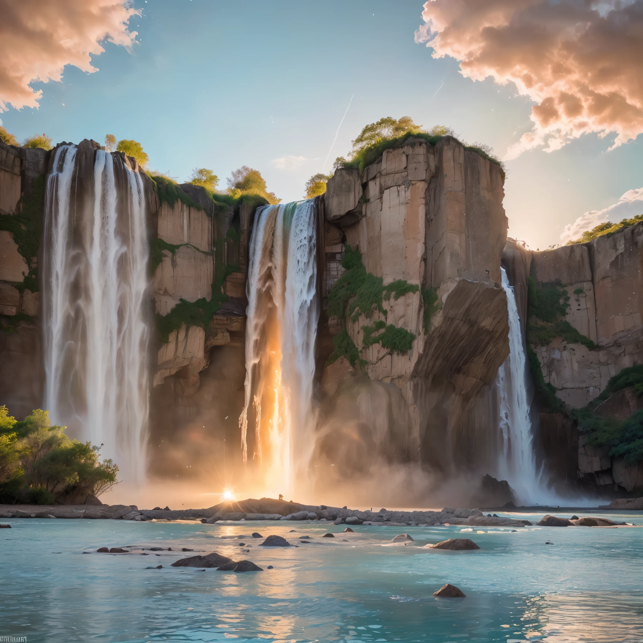 (8k, highest quality, masterpiece, final fantasy style: 1.2), (unRealistic, photoRealistic: 1.37), Dreamy landscape, epic scenes, sunset, Fantasy, Unsurreal landscapes, Super detailed, Flying futuristic Castle, Floating Island in the Sky, Seven-colored swirl of light, Intense lightning, nebulas,Complex Light, Colored light, blue clear Large Lake, Starry sky reflected on the lake surface, Countless shining stars, Meteors, Reflections , (A pillar of light emanated from the ground:1,2), (((roses and orchids gardens , bright sunset, pink and blue clouds, waterfalls in the sky, realistic style))), Hyperrealistic drawing , burning futuristic skyscrapers, , timeless realms, healing light magic effect, in a crystal clear blue magical lagoon of the fairyland, crystal clear waters with silver surface reflections, sharp focus, (close-up:0.9), (bright white theme:1.2), (bright white tone:1.2), (deep blue tone:1.3),((( realistic, Hyperrealism, vivid colours , landscapes , alien nature , science fiction themes))), mountains and abyss, water resources and waterfalls , fog ,