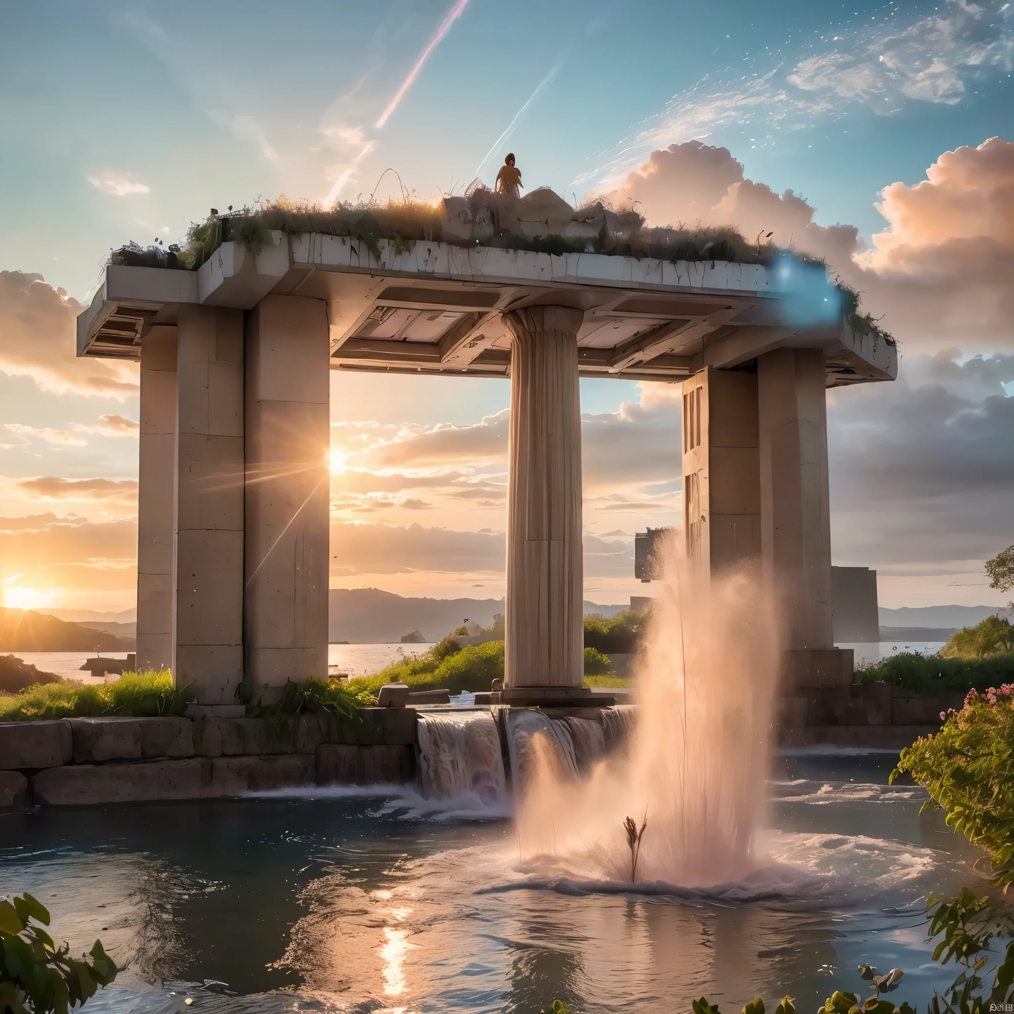 (8k, highest quality, masterpiece, final fantasy style: 1.2), (unRealistic, photoRealistic: 1.37), Dreamy landscape, epic scenes, sunset, Fantasy, Unsurreal landscapes, Super detailed, Flying futuristic Castle, Floating Island in the Sky, Seven-colored swirl of light, Intense lightning, nebulas,Complex Light, Colored light, blue clear Large Lake, Starry sky reflected on the lake surface, Countless shining stars, Meteors, Reflections , (A pillar of light emanated from the ground:1,2), (((roses and orchids gardens , bright sunset, pink and blue clouds, waterfalls in the sky, realistic style))), Hyperrealistic drawing , burning futuristic skyscrapers, , timeless realms, healing light magic effect, in a crystal clear blue magical lagoon of the fairyland, crystal clear waters with silver surface reflections, sharp focus, (close-up:0.9), (bright white theme:1.2), (bright white tone:1.2), (deep blue tone:1.3),((( realistic, Hyperrealism, vivid colours , landscapes , alien nature , science fiction themes))), mountains and abyss, water resources and waterfalls , fog ,