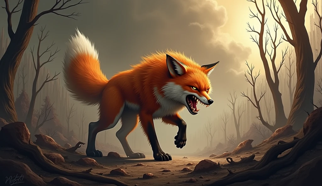 ANGRY FOX IN THE DESTROYED FOREST