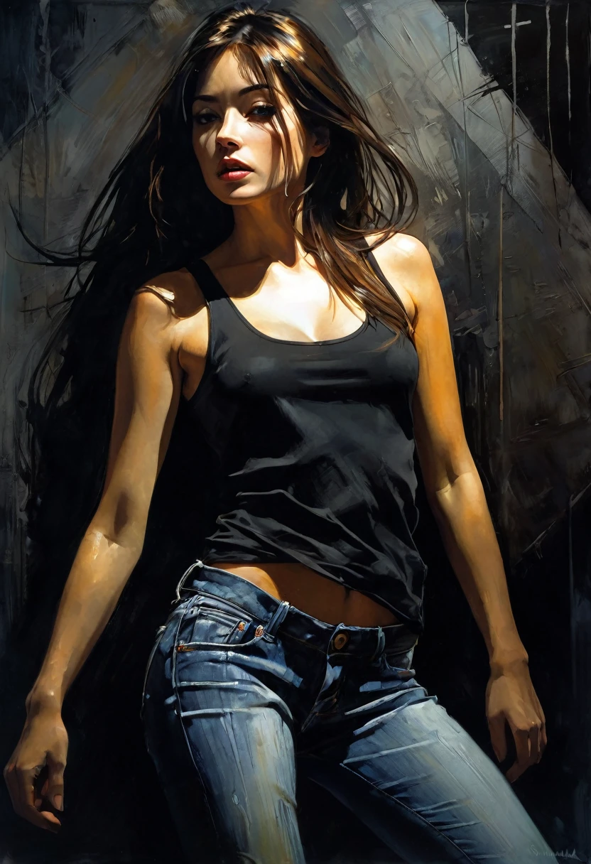 very sexy girl, black tank top and jeans, long straight dark brown hair, small breasts, has fun, eroticism, sexy, black and white image, between shadows, oil painting, chiaroscuro , sensual lighting, dramatic, moody atmosphere, photorealistic, intricate details, masterpiece, ultra-detailed, high quality, 8k, best quality, realistic, cinematic, dark and brooding, expressionistic, powerful composition, emotional impact, art inspired by Bill Sienkiewicz and Dave McKean
