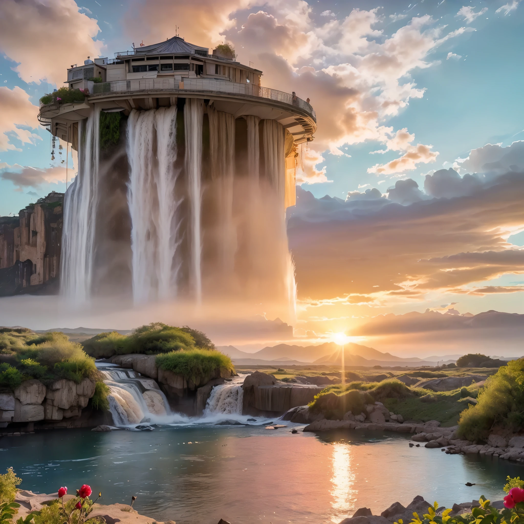 (8k, highest quality, masterpiece, final fantasy style: 1.2), (unRealistic, photoRealistic: 1.37), Dreamy landscape, epic scenes, sunset, Fantasy, Unsurreal landscapes, Super detailed, Flying futuristic Castle, Floating Island in the Sky, Seven-colored swirl of light, Intense lightning, nebulas,Complex Light, Colored light, blue clear Large Lake, Starry sky reflected on the lake surface, Countless shining stars, Meteors, Reflections , (A pillar of light emanated from the ground:1,2), (((roses and orchids gardens , bright sunset, pink and blue clouds, waterfalls in the sky, realistic style))), Hyperrealistic drawing , burning futuristic skyscrapers, , timeless realms, healing light magic effect, in a crystal clear blue magical lagoon of the fairyland, crystal clear waters with silver surface reflections, sharp focus, (close-up:0.9), (bright white theme:1.2), (bright white tone:1.2), (deep blue tone:1.3),((( realistic, Hyperrealism, vivid colours , landscapes , alien nature , science fiction themes))), mountains and abyss, water resources and waterfalls , fog ,