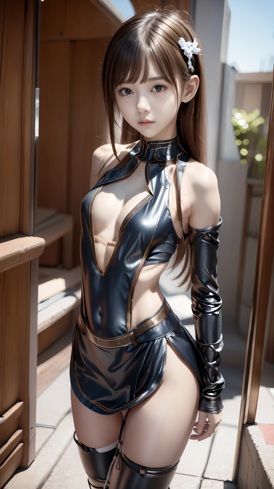 high quality, ​realistic masterpiece, two close friends, Beautiful ten girls, sexy, small skinny girls, cute girl face, cyberpunk, Wearing futuristic robotic tactical shear armor cyberpunk suit with cutouts showing torso, skinny athletic body, revealing press, innocent, playful, Famous actresses of Japan, very beautiful face, bavery flat chest, 