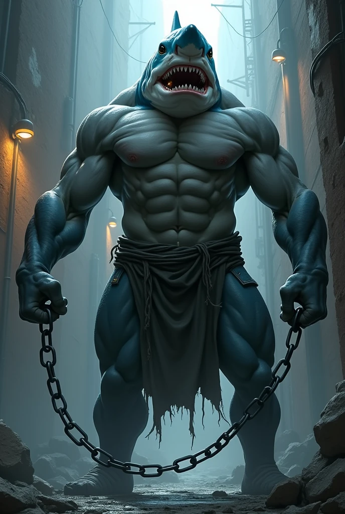 very strong big man with shark head holding a chain not so violent