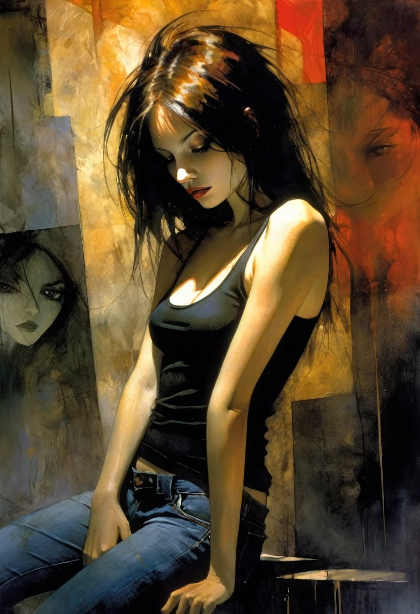 very sexy girl, black tank top and jeans, long straight dark brown hair, small breasts, has fun, eroticism, sexy, black and white image, between shadows, oil painting, chiaroscuro , sensual lighting, dramatic, moody atmosphere, photorealistic, intricate details, masterpiece, ultra-detailed, high quality, 8k, best quality, realistic, cinematic, dark and brooding, expressionistic, powerful composition, emotional impact, art inspired by Bill Sienkiewicz and Dave McKean