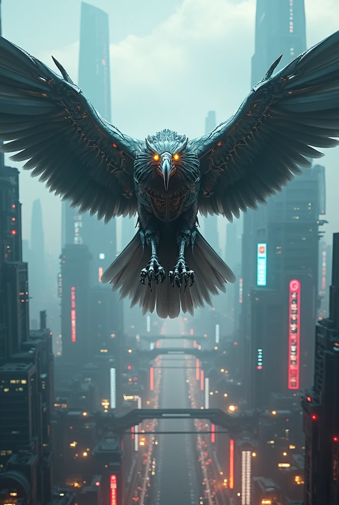 detailed robot eagle,metal eagle,cyborg eagle,eagle robot,eagle mecha,eagle soaring over city,alien city,alien landscape,dystopian city,futuristic city,sci-fi city,advanced technology,neon lights,glowing lights,volumetric fog,cinematic lighting,dramatic shadows,vibrant colors,fantasy art,concept art,digital art,8k,photorealistic,highly detailed,intricate details,3d render,studio lighting,unreal engine