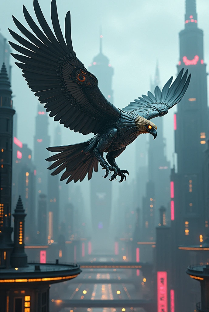 detailed robot eagle,metal eagle,cyborg eagle,eagle robot,eagle mecha,eagle soaring over city,alien city,alien landscape,dystopian city,futuristic city,sci-fi city,advanced technology,neon lights,glowing lights,volumetric fog,cinematic lighting,dramatic shadows,vibrant colors,fantasy art,concept art,digital art,8k,photorealistic,highly detailed,intricate details,3d render,studio lighting,unreal engine