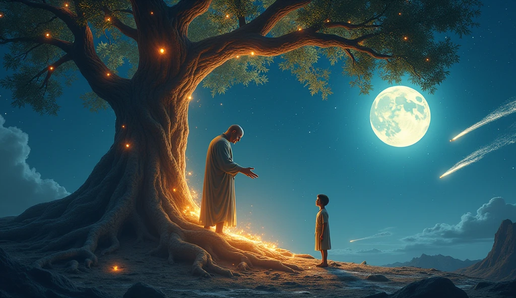 ultra realistic image of a Family Tree with very thick and apparent Roots, Luminous and fruits of light, connected to a light source deep in the ground, symbolizing the strength of the father that comes from the roots and spreads throughout the tree. image of the father next to the trunk much larger than the son and blessing this son who is in front of him, stars in the sky, shooting star and a bright full moon