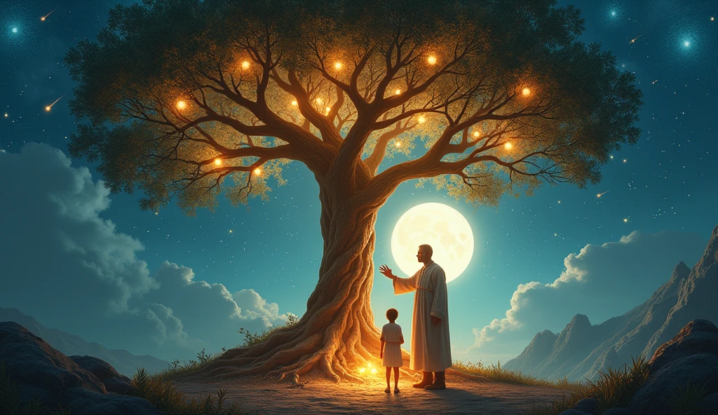 ultra realistic image of a Family Tree with very thick and apparent Roots, Luminous and fruits of light, connected to a light source deep in the ground, symbolizing the strength of the father that comes from the roots and spreads throughout the tree. image of the father next to the trunk much larger than the son and blessing this son who is in front of him, stars in the sky, shooting star and a bright full moon