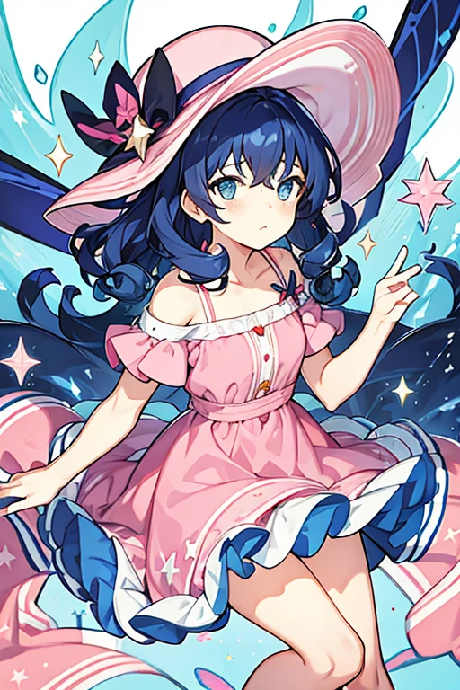 women, small, Dark Blue curly hair, blue eyes with stars, pink hat, pink and white dress with straps, angry