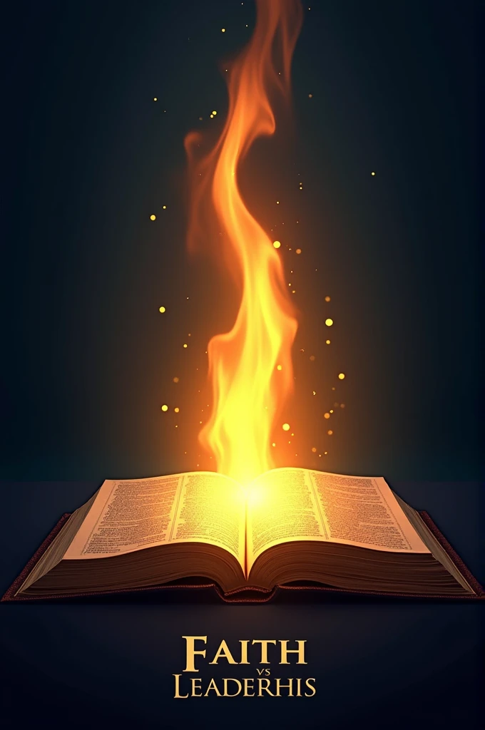A golden flame, symbolizing light and spiritual guidance, coming out of an open navy blue book ( representing the bible and knowledge). The name integrating faith and leadership for lasting impact with slogan below 