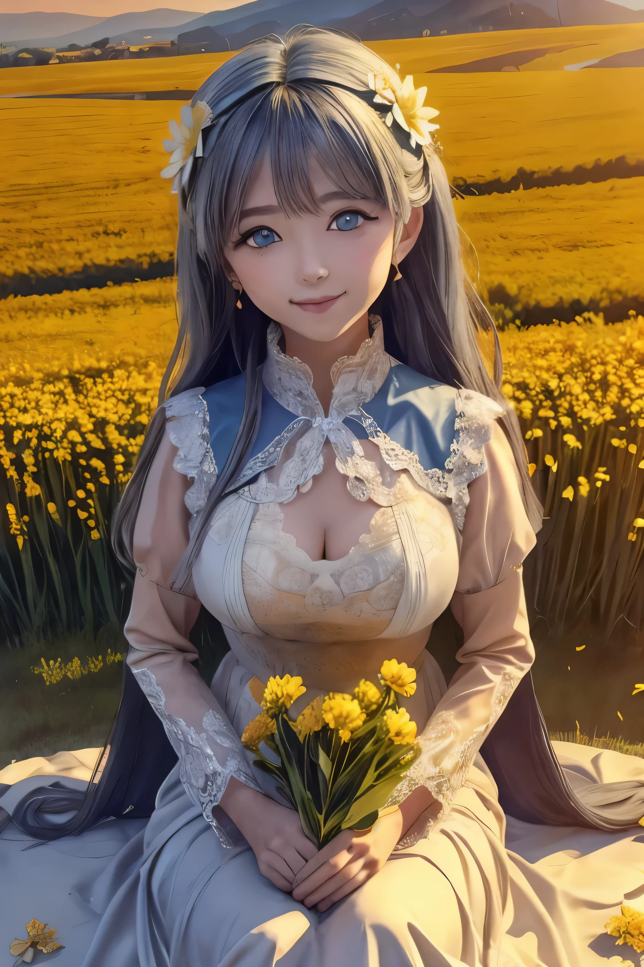 (By Lynn Okamoto),Center Frame, Sharp focus, (Panorama, Wide Shot), Highest quality, masterpiece, Very detailed, Detailed Background, (From above:1.2), One girl, Cat girl,alone,change,blue eyes,Gray Hair, One eye closed, smile, Open your mouth, skirt, Long Hair, Wavy Hair, ~ side, Fluffy hair, , French , blush, smile, Capelet, Lace trim, Bodice, sunset, Long dress, evening, scenery, Gold Sky, High places, horizon, Wheat field, ears of wheat, Wind, Wind blow, View your viewers, (Depth of written boundary), Bokeh, (Holding a flower:1.3), (Holding:1.2),(Moderate):0.5,，Huge boobs，Too many，Large and drooping，Big Titietla Big ， （（（masterpiece）））， （（Highest quality））， （（Intricate details））， （（Surreal））