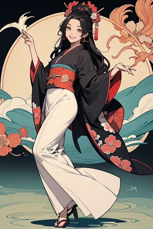 A beautiful woman smiles and shows her upper white teeth、Vividly colored Japanese Ukiyo-e style illustrations、(SeaArt creates stunning illustrations of beautiful women in kimono)、Brown-black long hair、Beautiful full body style、Let&#39;s dance a little Tokyo Ondo Yoiyoi、Beautiful digital painting,、Bright vibrant digital anime art、 Detailed digital anime art、 Beautiful anime portraits、background、Torii gate of a shrine in Kyoto, Japan、Detailed CG、