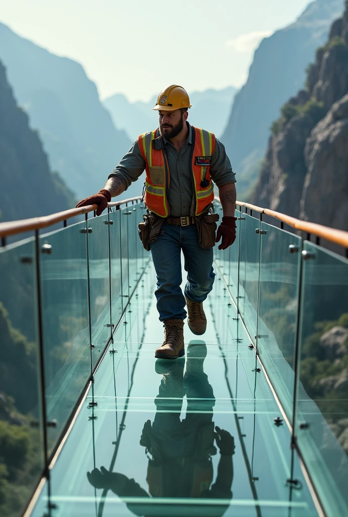 construction worker walking on glass bridge