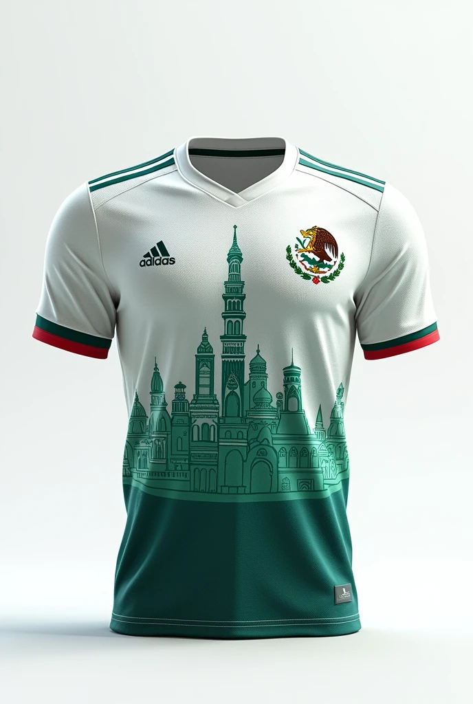 Create a Mexican national team shirt with a design of historical monuments of the country that is white and aqua green with pants according to the design and that on the back has an Aztec symbol