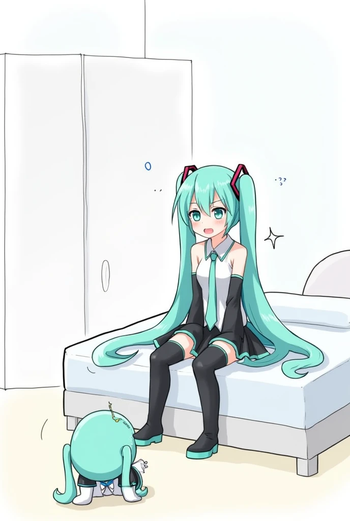 hatsune miku, farting, sitting on bed, angry, cute, fart, thigh high socks, gumi,