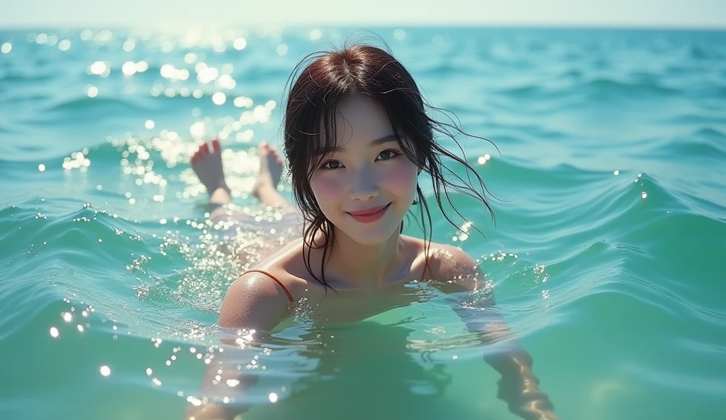 High resolution of a brown-haired Japanese woman swimming in the ocean with a shy smile inviting you to swim with her, masterpiece, Anatomically correct, Highest quality, High detail, Textured skin, Ultra-detailed, Cinematography, shiny sun light 