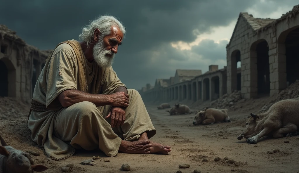 "Create a dramatic scene of Job from the Bible during his time of suffering. Job is depicted sitting on the ground in despair, covered in sores, with torn, ragged clothes. The background shows a desolate landscape with destroyed homes and dead livestock. The sky is dark and stormy, reflecting the somber mood. Job's expression should convey deep sorrow and anguish, symbolizing his faith being tested."
com seus cabelos brancos