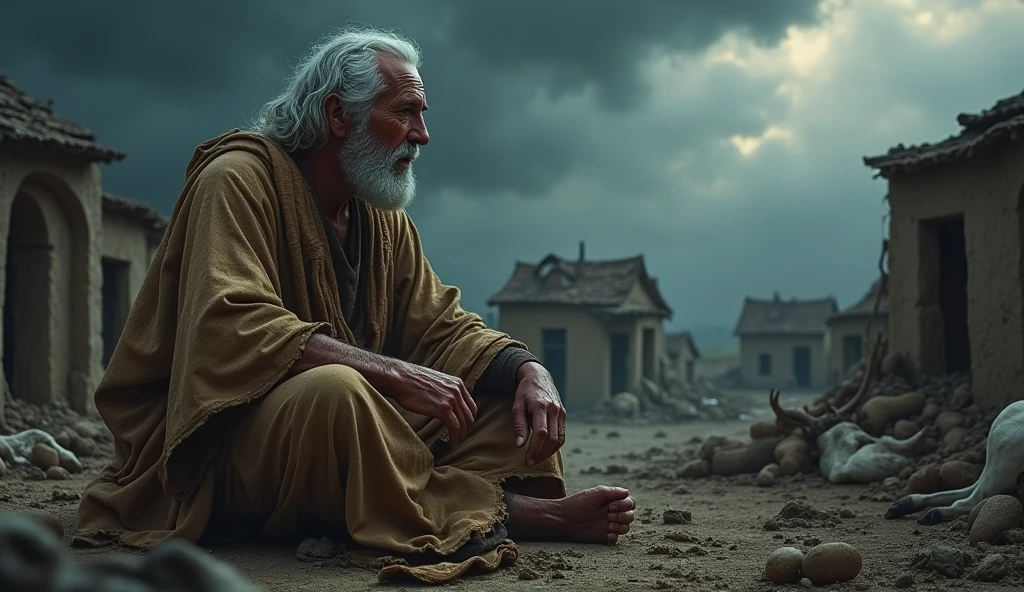 "Create a dramatic scene of Job from the Bible during his time of suffering. Job is depicted sitting on the ground in despair, covered in sores, with torn, ragged clothes. The background shows a desolate landscape with destroyed homes and dead livestock. The sky is dark and stormy, reflecting the somber mood. Job's expression should convey deep sorrow and anguish, symbolizing his faith being tested."
com seus cabelos brancos