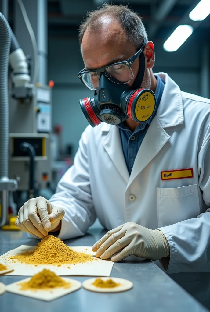 generates the image of a chemical laboratory worker with a white lab coat and a 3M respirator with dust and vapor filters, where you can see up close how it represents a mineral sample in powder form in four parts and how one part is placed inside a labeled envelope and in the background you should see a mineral sample crusher model Boyd RSD, This background display is mandatory and should look realistic and not cartoonish.