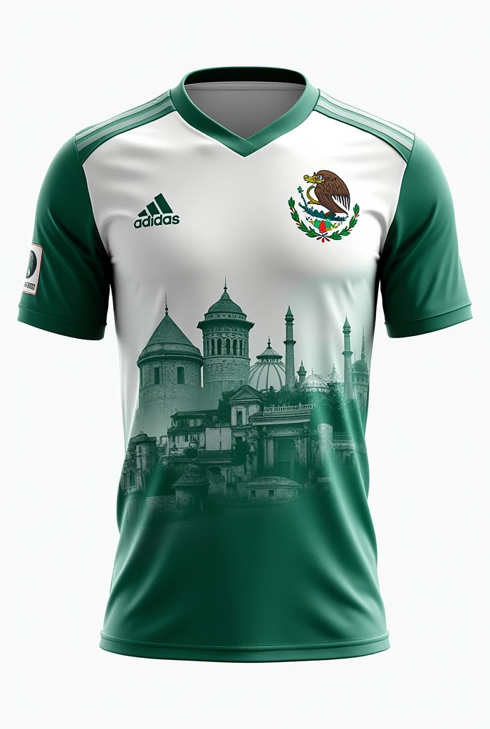 Create a Mexican national team shirt with a design of historical monuments of the country that is white and aqua green with pants according to the design and that on the back has an Aztec symbol