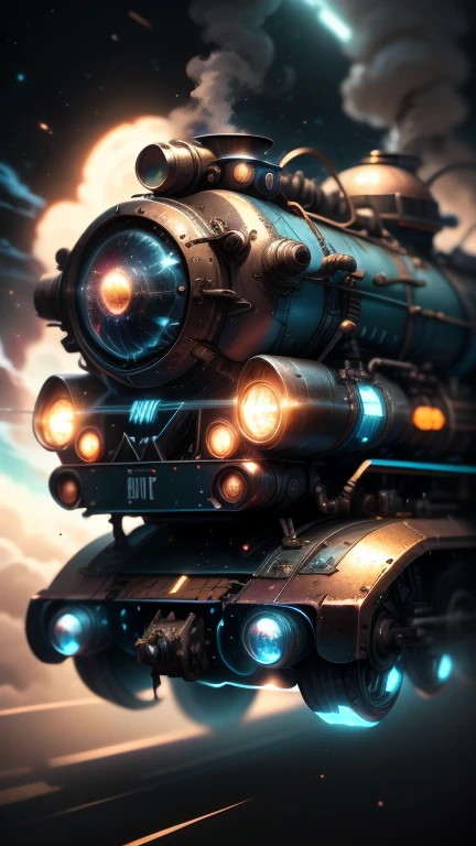 Fantasy，8k,Extremely detailed, masterpiece,High resolution,Highest quality,Increase the resolution,Cinema Lighting,Different space，4 dimensional world，Night on the Galaxy Express，cyber-，light blue body，Train-shaped spaceship，Steam locomotive-type spaceship，Maneuvering with a fusion reactor，30-car train、Run through the space zone，Numerous stars，Many Galaxies，Milky Way，Cruising at the speed of light，Seeing the Earth in the distance，Super Express，Andromeda Galaxy visible，Wide angle of view，Vision，Floating in the air，In the dazzling light，Extremely colorful，The whole carriage is visible，S-shaped，Rail of light，colorful cloud nebula，The whole universe glows blue