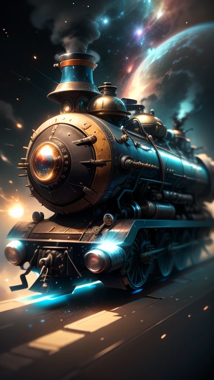 Fantasy，8k,Extremely detailed, masterpiece,High resolution,Highest quality,Increase the resolution,Cinema Lighting,Different space，4 dimensional world，Night on the Galaxy Express，cyber-，light blue body，Train-shaped spaceship，Steam locomotive-type spaceship，Maneuvering with a fusion reactor，30-car train、Run through the space zone，Numerous stars，Many Galaxies，Milky Way，Cruising at the speed of light，Seeing the Earth in the distance，Super Express，Andromeda Galaxy visible，Wide angle of view，Vision，Floating in the air，In the dazzling light，Extremely colorful，The whole carriage is visible，S-shaped，Rail of light，colorful cloud nebula，The whole universe glows blue