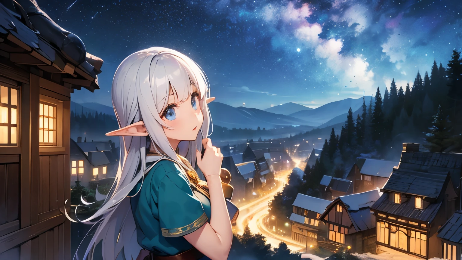 Elf Village Night　An elf girl looking up at the night sky　The girl is cute