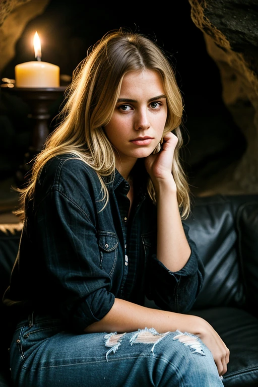 photograph of a woman, (troubled facial expression), textured skin, goosebumps, blonde black hair, plaid transparent shirt with distressed boyfriend jeans,, dark and mysterious cave with unique rock formations and hidden wonders, perfect eyes, (candlelight,chiaroscuro), sitting on a blue sofa, Porta 160 color, shot on ARRI ALEXA 65, bokeh, sharp focus on subject, shot by Don McCullin