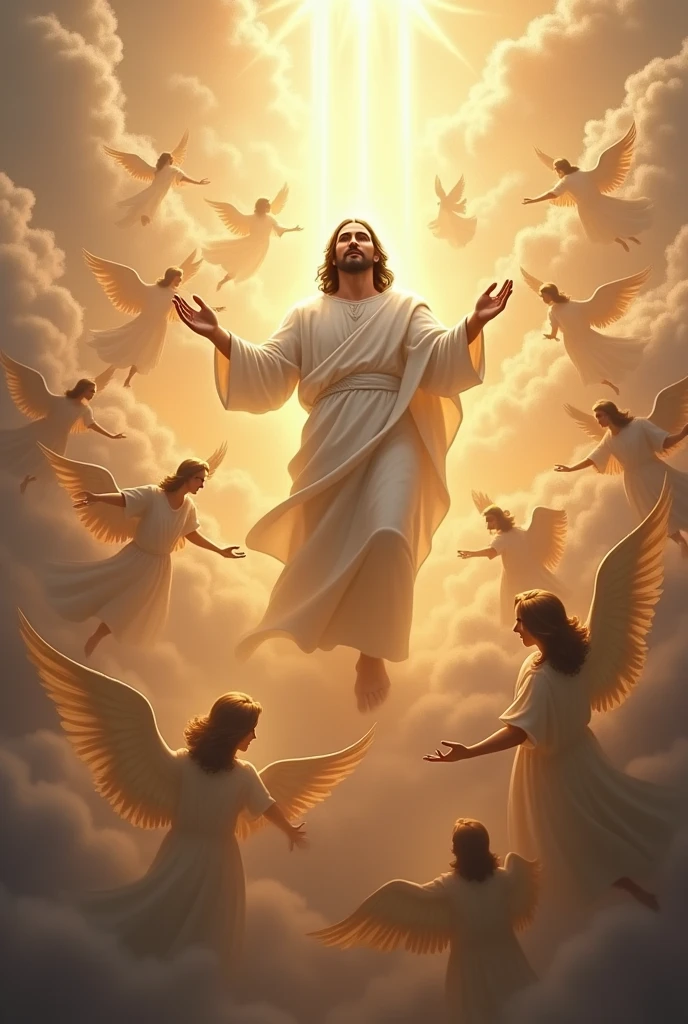 Jesus descending from heaven, with thousands of angels 