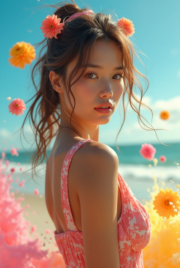 ((largebreast)),(masterpiece), (highest quality), (Very detailed),(Disheveled Hair),(shape), (One Girl), (Summer clothes), Are standing, Fashion Model, View your audience, (interview), (Beach),Beautiful details, Delicate and beautiful face, floating,(High saturation),(Colorful splashes),Colorful bubbles,(The Shining), Focus on the face, Hair Ring, Floating Flowers, Floating Hair, (The Shining), Best lighting, Best Shadow,