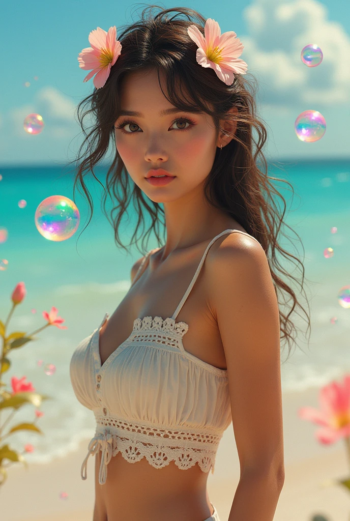((largebreast)),(masterpiece), (highest quality), (Very detailed),(Disheveled Hair),(shape), (One Girl), (Summer clothes), Are standing, Fashion Model, View your audience, (interview), (Beach),Beautiful details, Delicate and beautiful face, floating,(High saturation),(Colorful splashes),Colorful bubbles,(The Shining), Focus on the face,  Hair Ring, Floating Flowers, Floating Hair, (The Shining), Best lighting, Best Shadow,