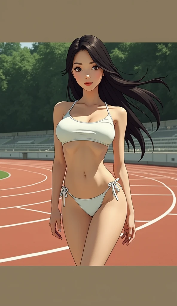 anime picture, arafed asian woman in a yellow bikini standing on a track, attractive body, sporty physique, perfect body, sexy hot body, sexy body, sporty, beautiful body and face, in yellow bikini, beautiful body, korean girl, swimsuit, sexy girl, good hips and long legs, fit dainty figure, in a yellow bikini, sexy body and face