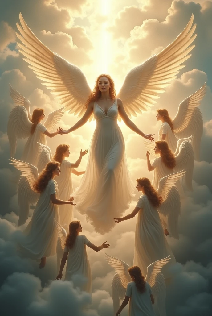 A splendid angel being carried by a heavenly host of angels and archangels.