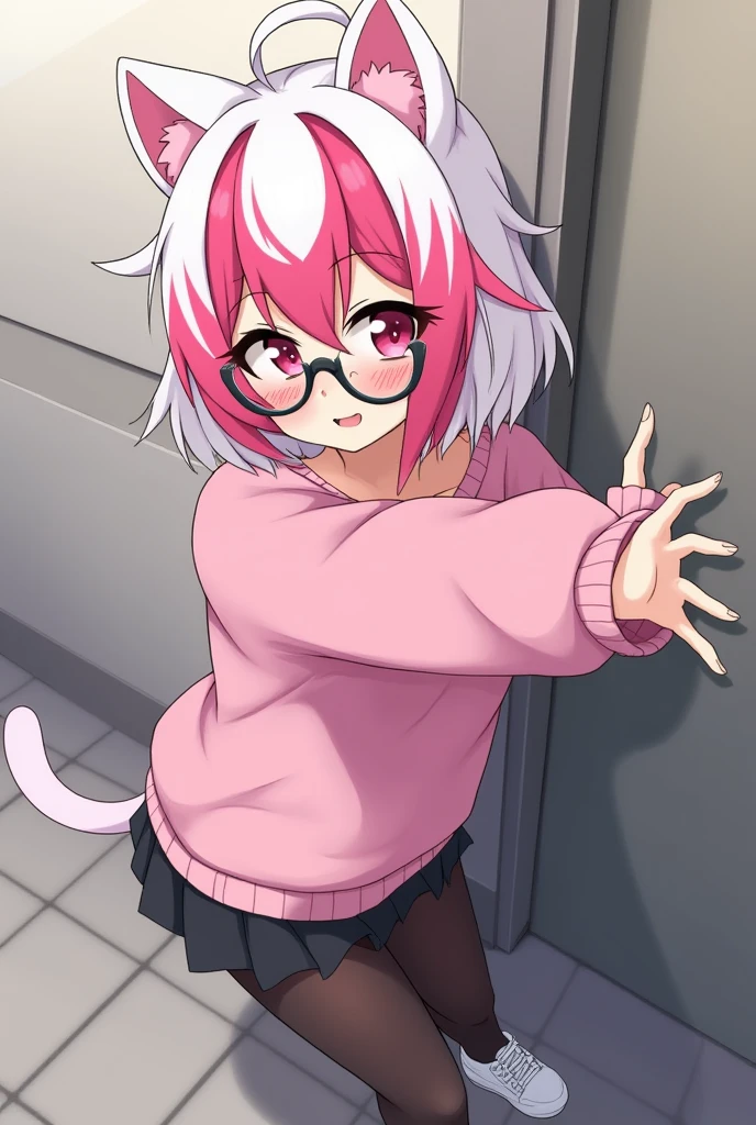 I have pink white hair, cat ears, a bow, My face is super blushing, black glasses, pink heart eyes, a big pink sweatshirt, a skirt under her skirt a black short, black stockings, White shoes, a cat's tail, A very shy girl I'm hitting you against a wall grabbing her butt