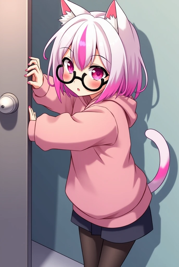 I have pink white hair, cat ears, a bow, My face is super blushing, black glasses, pink heart eyes, a big pink sweatshirt, a skirt under her skirt a black short, black stockings, White shoes, a cat's tail, A very shy girl I'm hitting you against a wall grabbing her butt
