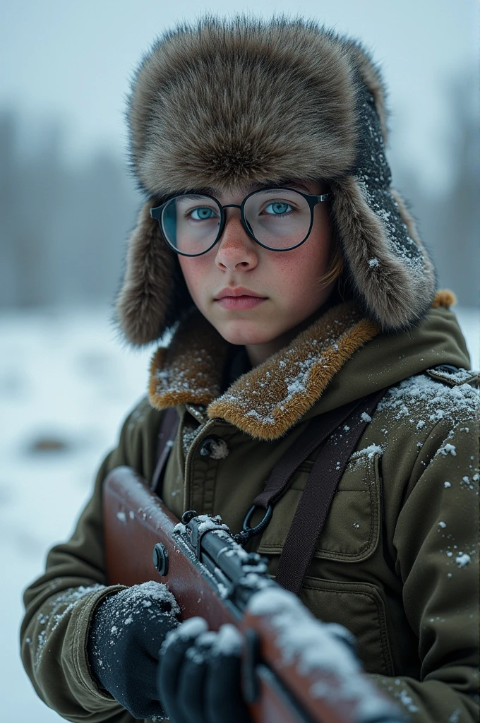A young Soviet soldier with glasses and an ushanka