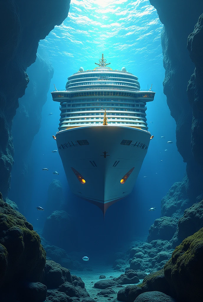 A futuristic new class of cruise ship for Royal Caribbean named the Discovery of the Seas that holds 3,070 guests with an open bow with underwater restaurant