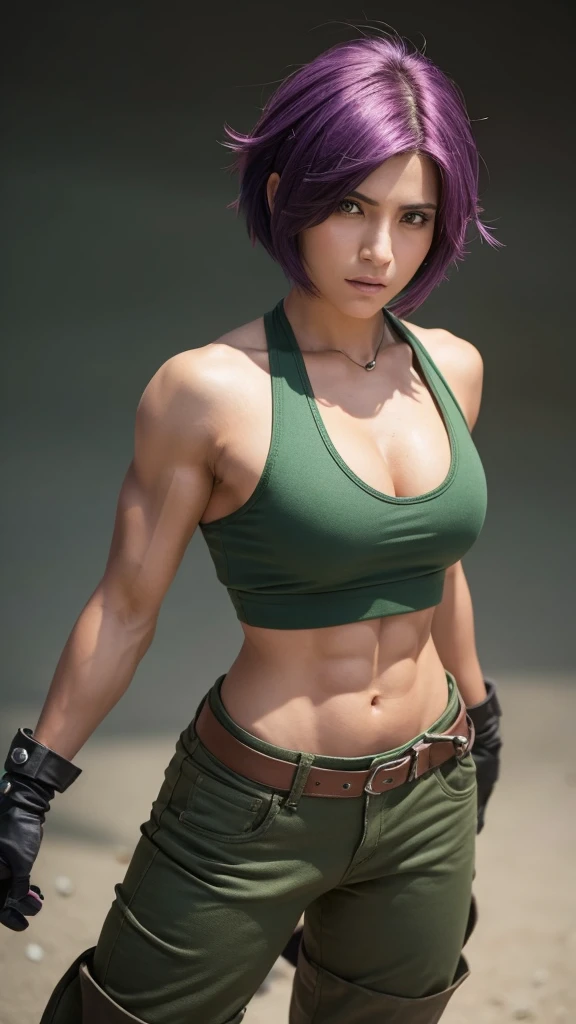 Create a live-action image of the gender-swapped version of Hassan (Carver) from Dragon Quest VI. The character should have short, spiky purple hair, styled exactly like the original. The female version has an extremely muscular, bodybuilder-like physique, with arms as thick as her face, showcasing immense strength. Her chest is significantly larger, with the original orange tank top modified to reveal prominent cleavage while retaining the original design and color. The white cloth underneath the tank top is preserved. Replace the original green pants with short, form-fitting hot pants in the same green color as the original pants, designed to accentuate her muscular legs. The gloves and boots should match the original design and color. The background should depict a rugged, mountainous terrain, emphasizing Hassan’s strength and resilience. The overall look should stay true to the character’s origins, translating it into a realistic, live-action style that highlights both her muscular build and feminine features, while maintaining the original clothing design and color scheme.