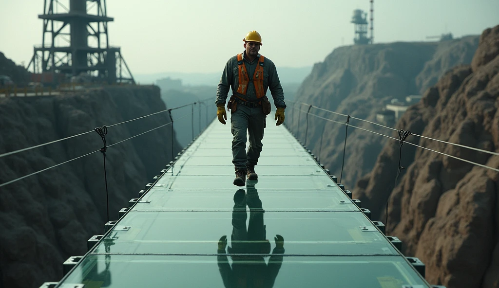 construction worker walking on glass bridge backwards