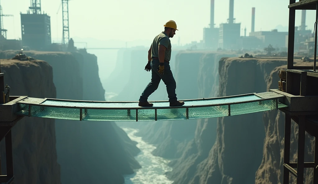 construction worker walking on glass bridge backwards 
