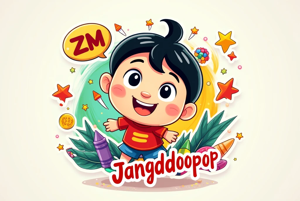 Create zm logo business pfp attractive with designs n colors for kids toys with JangDDooPop written and Crayon Shin-Chan Character because that the business name