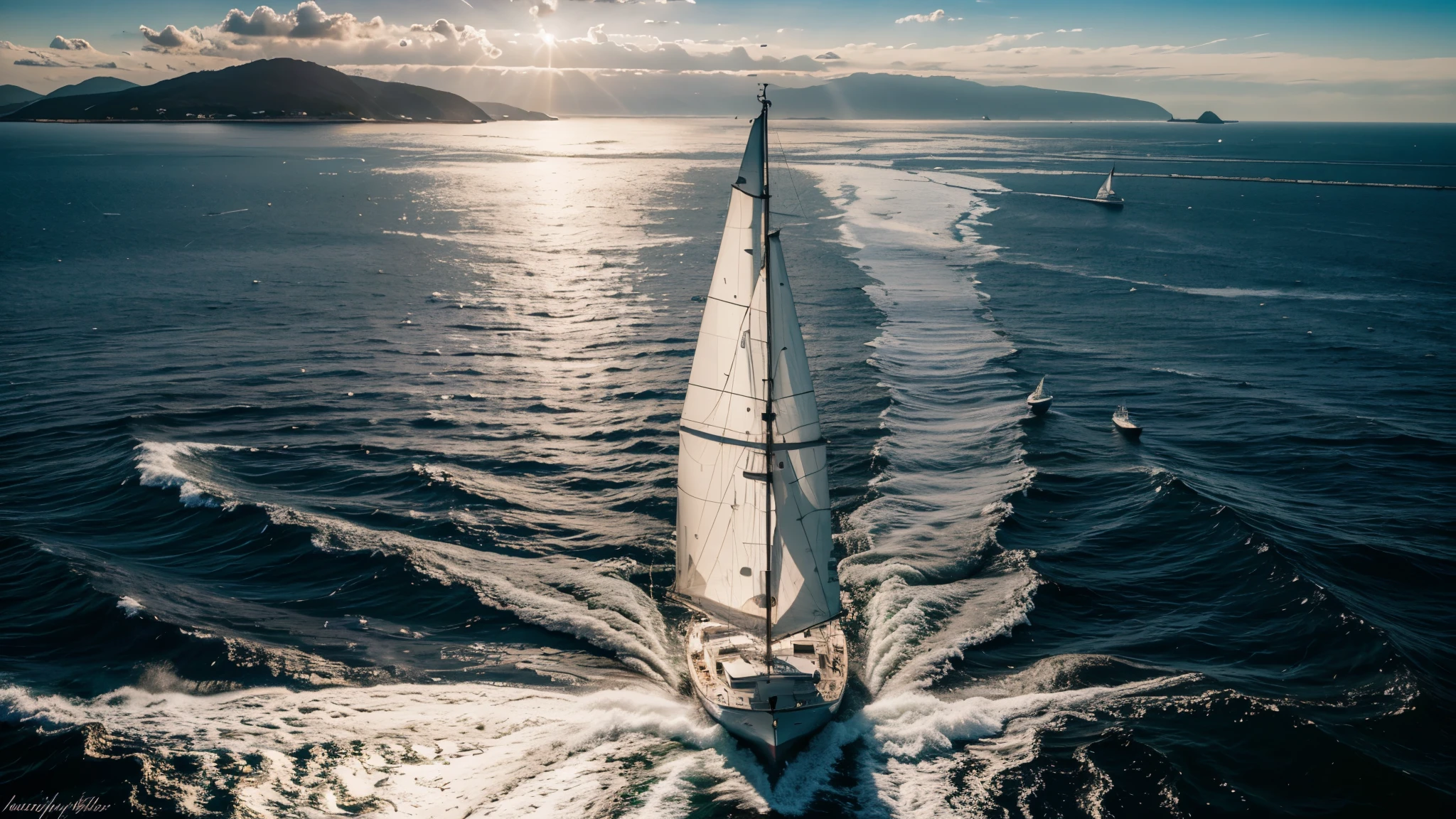 Big white sailing yacht, people on the yacht, orange sun in the background, the sun is reflected in the water, sun glare on the water, sparkling splashes, sea in the background, many sailing yachts in the background, white yachts sailing to the horizon, picturesque coastline, yachts are parked on the shore, light nebula. High quality photo, realism, cinematic lighting, god rays, reflection light, backlighting, wide shot, from above, atmospheric perspective, panorama, Wide-Angle, Ultra-Wide Angle, 360 view, UHD, masterpiece, accurate, anatomically correct, super detail, high details, high quality, best quality, highres, 1080P, HD, 4K, 8k, 16k