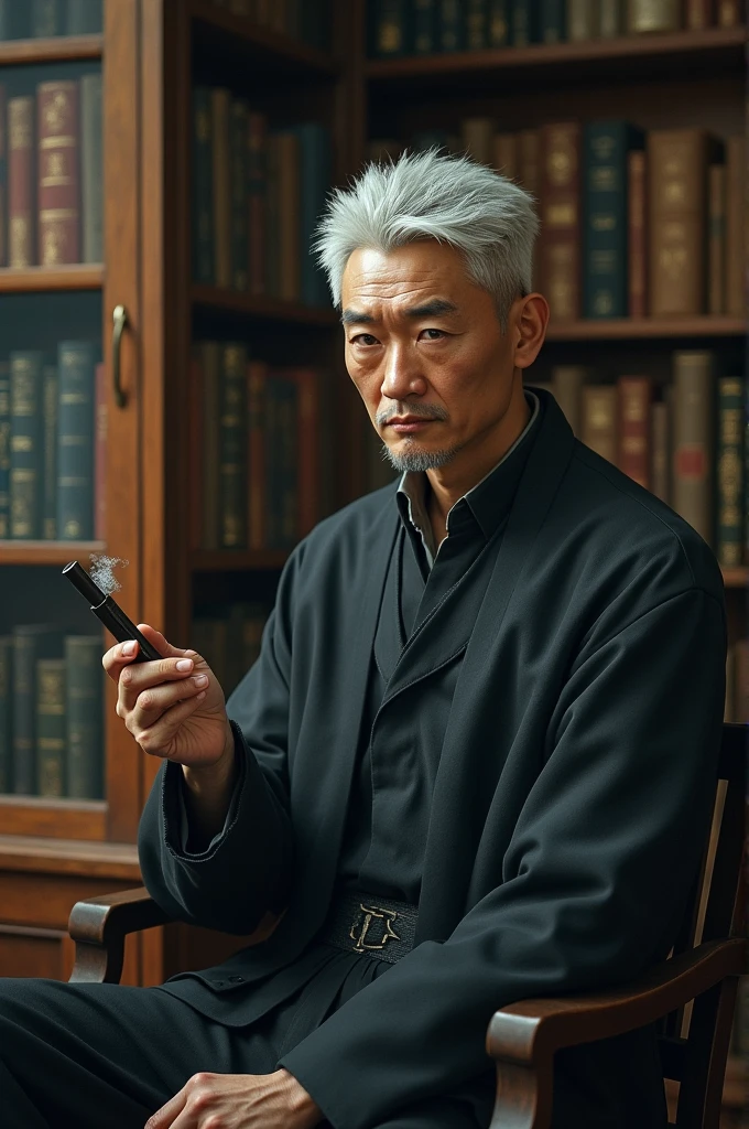 An young man sitting upright，Chinese men，ssmile，Short white hair of the spirit，Medium-sized eyes，The upper part of the body，Bookshelf background，Pipe in hand，Portrait photography style，tmasterpiece，Ultra-unique to engage in professional digital art，Film Washington，Hyper-realistic，photore，Supernatural skin texture，Detailed facial features，8K，Character scale 1:1.5