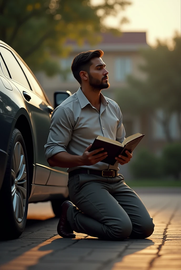 (photorealism:1.2), man kneeling next to a car, with a Bible in hand.